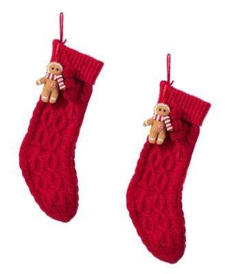 Knitted Christmas Stockings with Complimentary Gingerbread Man Ornament, Set of 2