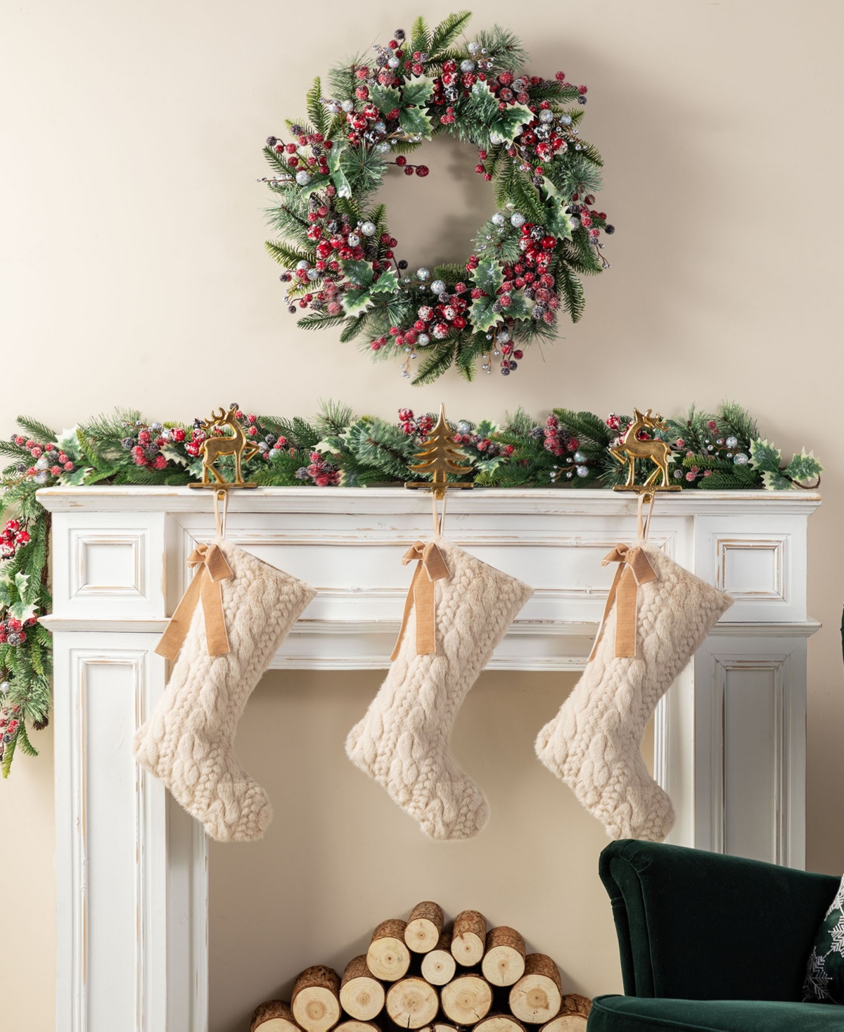 Glitzhome Twisted Faux Marten Fur Christmas Stockings With Bow, Set Of 2 In Multi