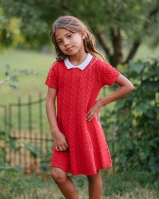 Little and Big Girls' Organic Short Sleeve Cable Sweater Dress with Collar