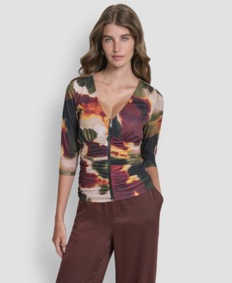 DKNY - Women's 3/4-Sleeve Zip Front Top