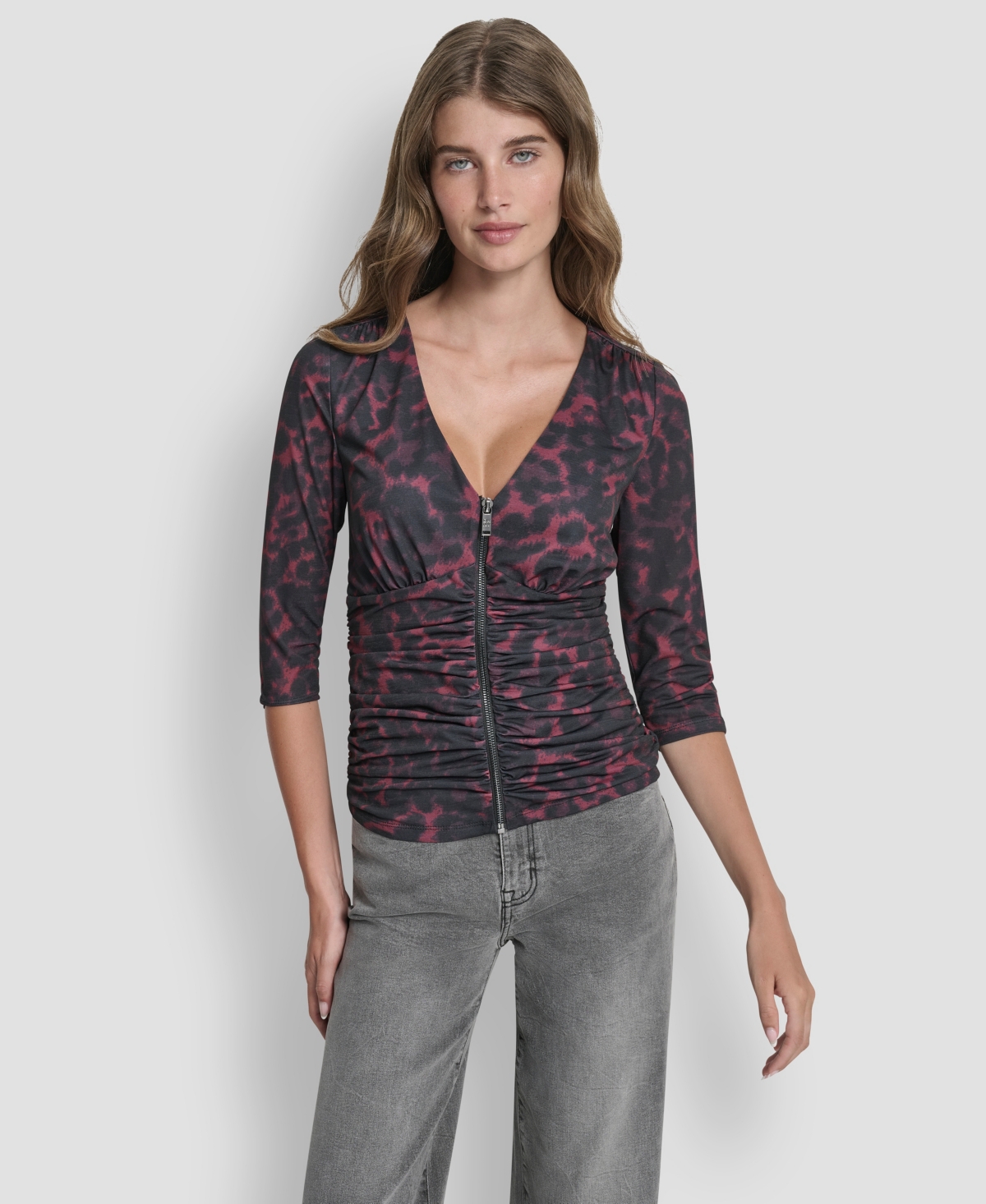 Dkny Ruched Knit Zip-up Top In Black