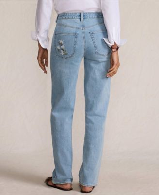 Women's Soft Denim Mid Rise Relaxed Straight Leg Embroidered Jeans