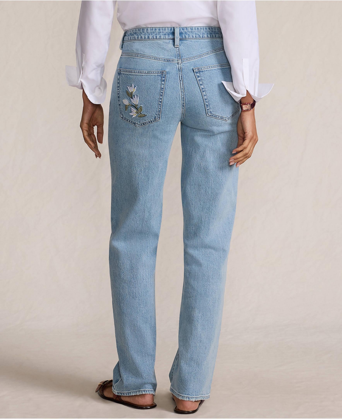 Lands' End Women's Soft Denim Mid Rise Relaxed Straight Leg Embroidered Jeans