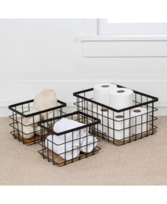 Evvie Vintage Farmhouse Handmade Wire Metal Nesting Storage Baskets with Wood Base, (Set of 3)