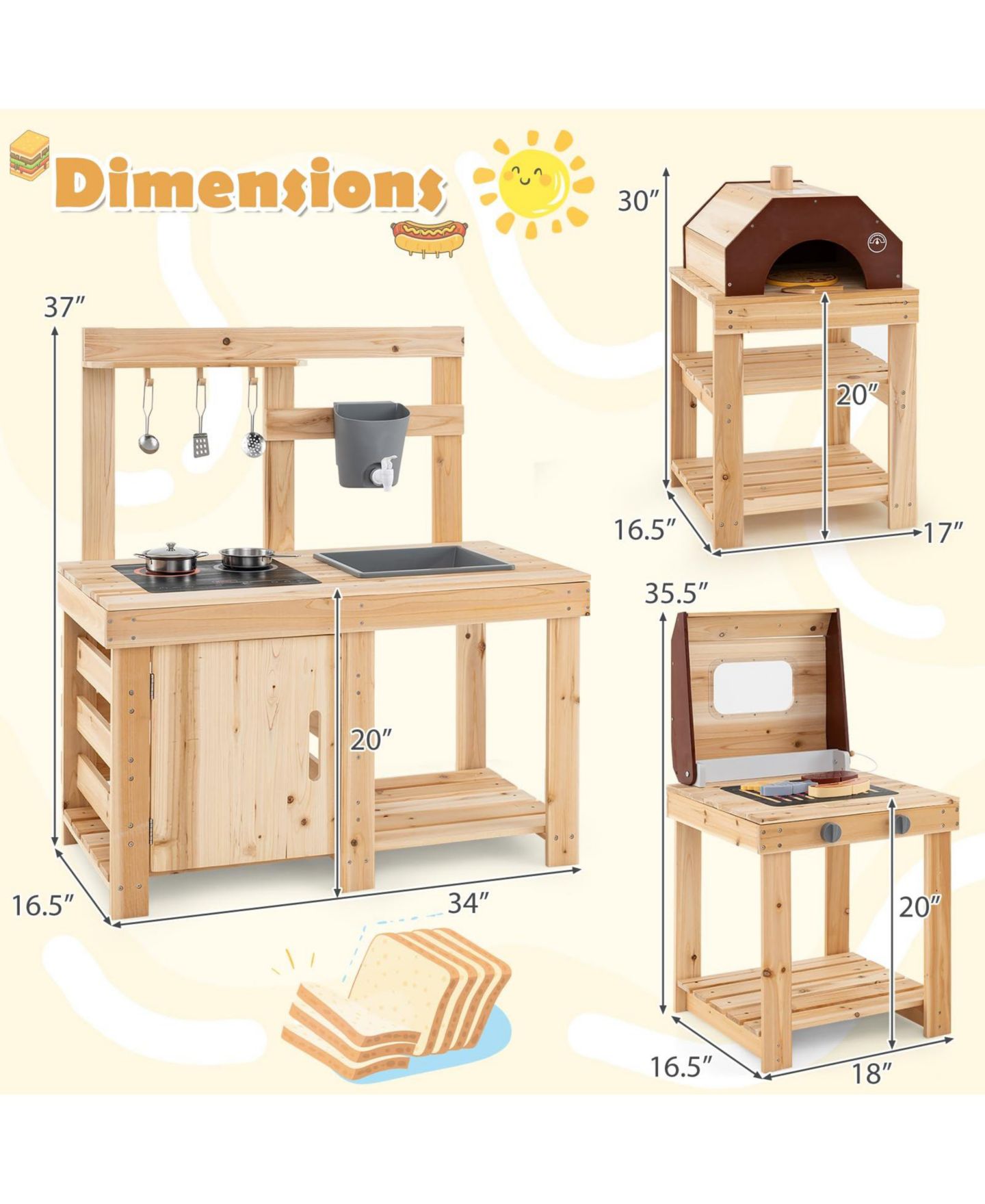 Детские игрушки Mecale 3-Piece Outdoor Kitchen Set Mud Kitchen with Separate BBQ Grill and Pizza Oven — фото 7