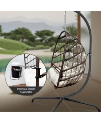 350lb Capacity Wicker Egg Hanging Chair with Stand Removable Guardrail and Cup Holder