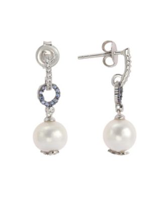 Suzy Levian Sterling Silver Cultured Freshwater Pearl & Sapphire Circle Drop Dangle Earrings