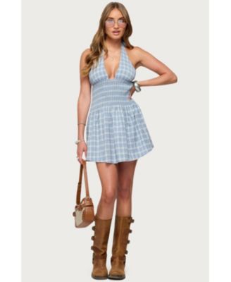 Women's Plaid Smocked Halter Mini Dress