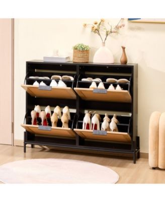 Narrow Rattan Shoe Cabinet with 4 Flip Drawers, Slim Entryway Storage with Metal Legs