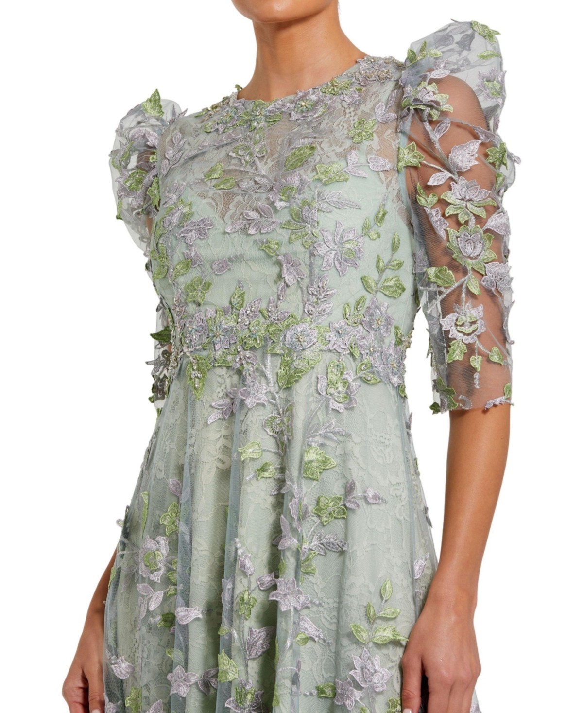 Mac Duggal Women's Applique High Neck Puff Sleeve A Line Dress