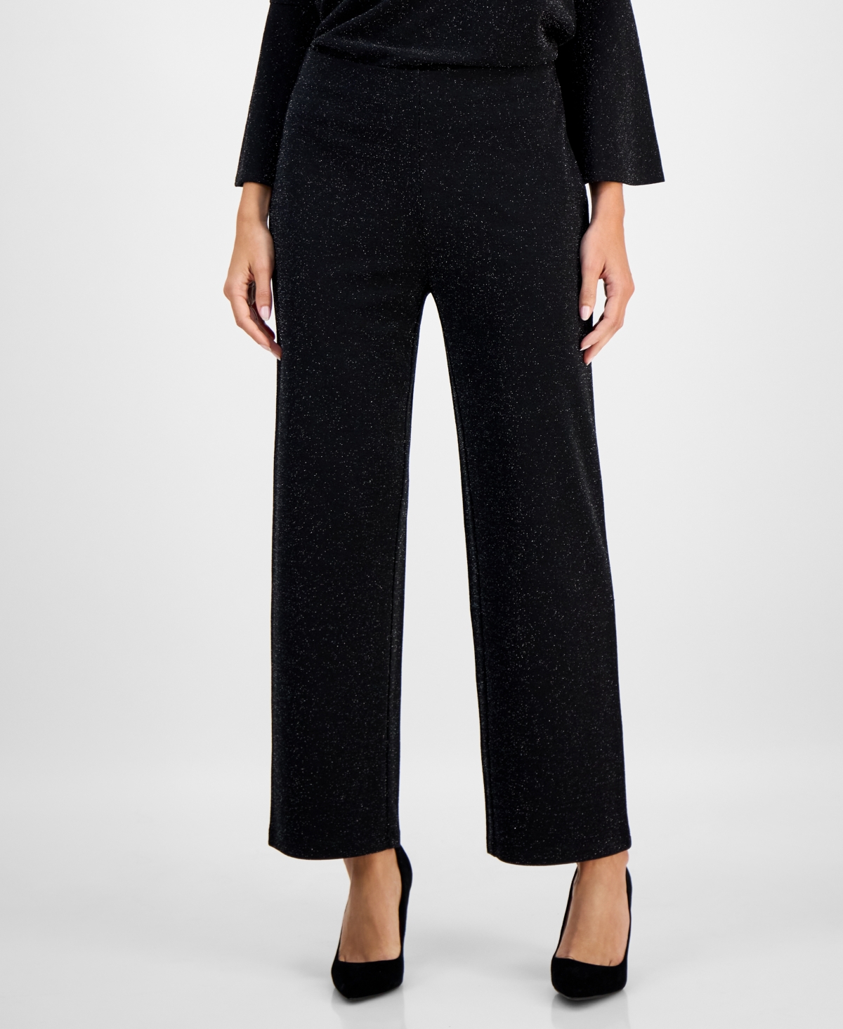 Ak Anne Klein Petite Pull-on Mid-rise Wide-leg Shimmer Pants In Black