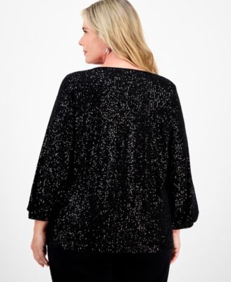 Plus Size Sequinned V-Neck 3/4-Sleeve Top, Macy's Exclusive