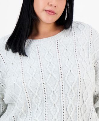Trendy Plus Pearl Cable-Knit Scoop-Neck Sweater