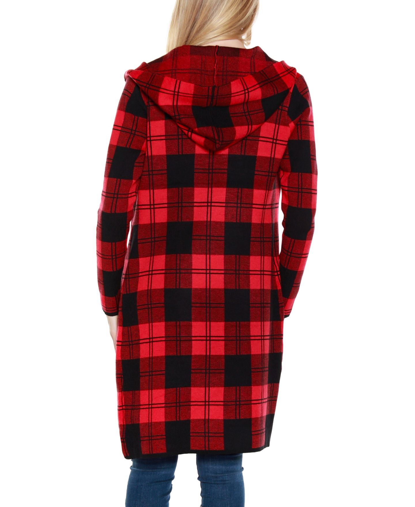 Женский свитер Belldini Hooded Checkered Plaid Coatigan, цвет: Красный / Чёрный — фото 5