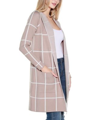 Women's Hooded Windowpane Plaid Coatigan Sweater