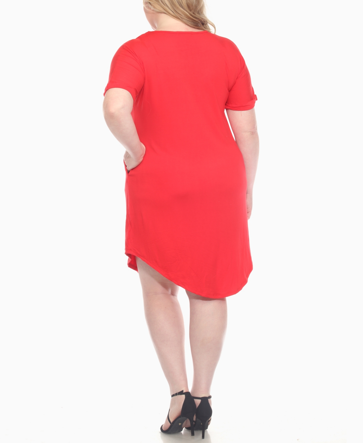 White Mark Plus Size V-neck Folded Sleeves And Pockets Knee-length Dress In Red