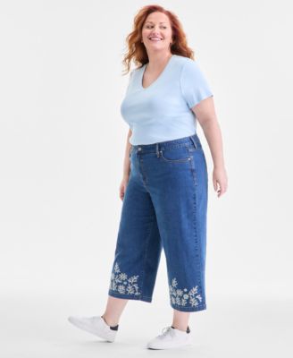 Plus Size Embroidered Cropped 5 Pocket Jeans, Macy's Exclusive