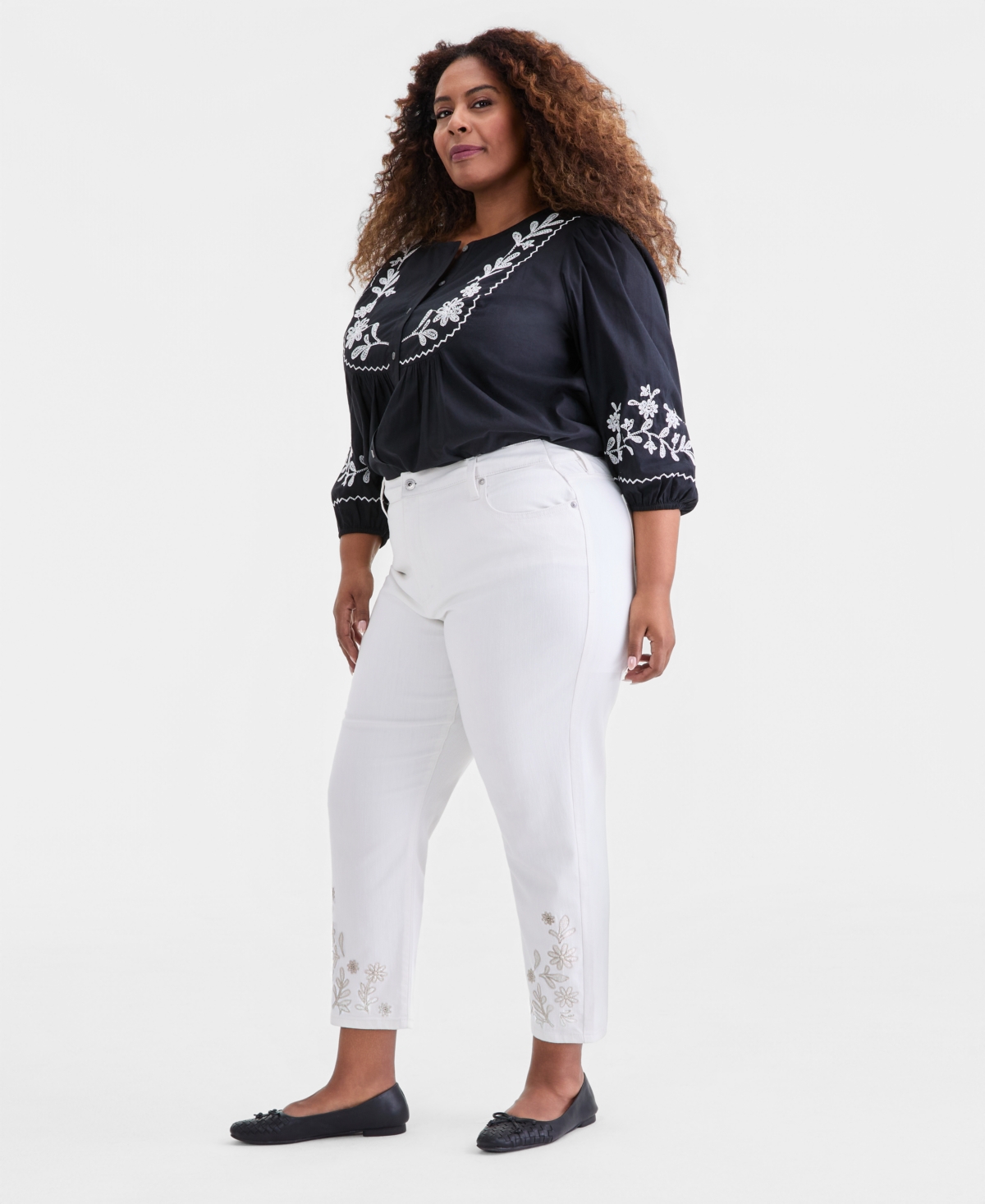Style & Co Plus Embroidered High-Rise Straight-Leg Cropped Jeans, Macy's Exclusive