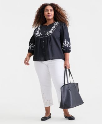 Plus Size Cotton Embroidered 3/4-Sleeve Blouse, Macy's Exclusive