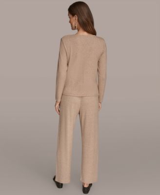 Women's Lurex Rib Cowl Neck Long Sleeve Top and Wide Leg Pull On Pants