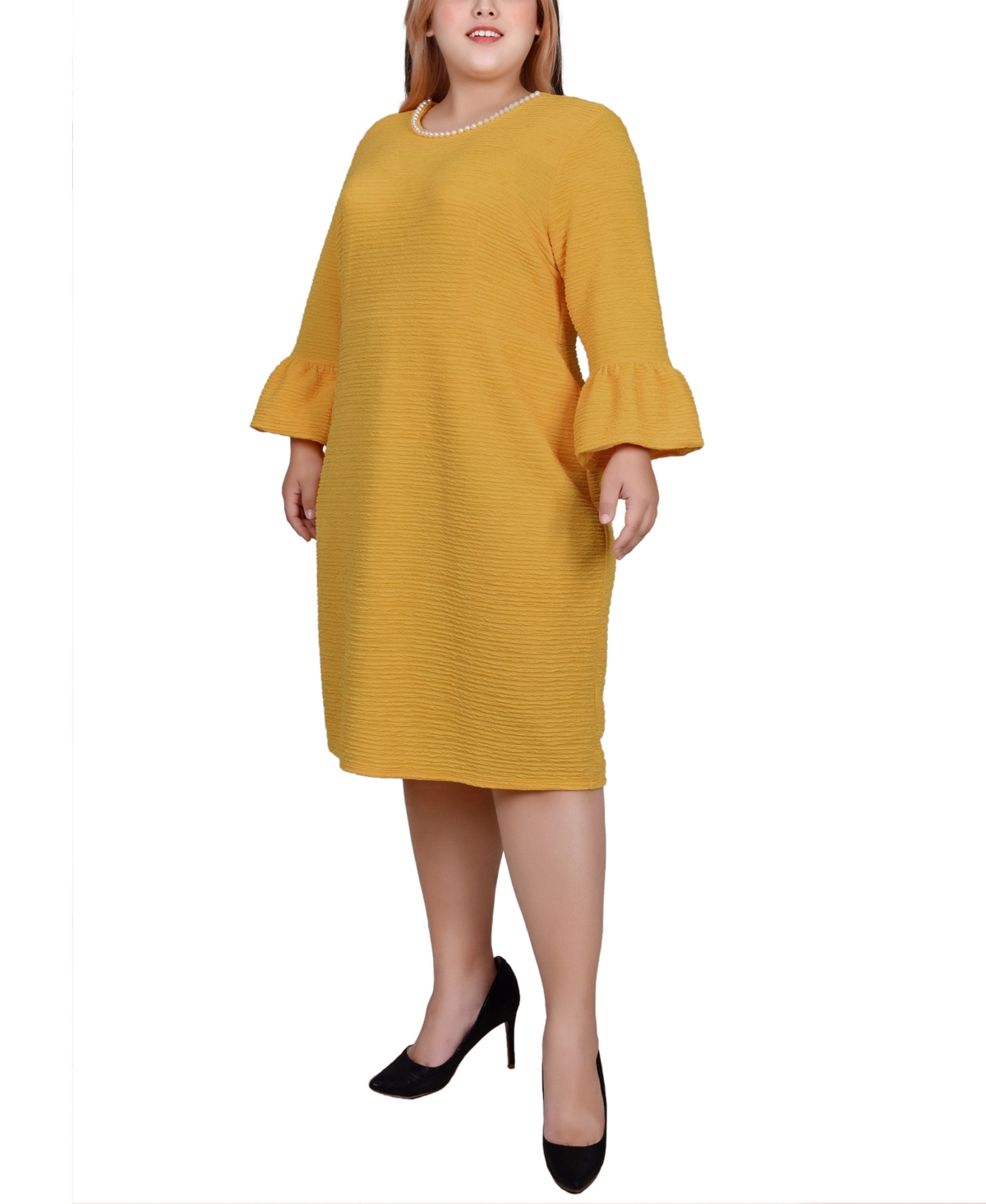 Ny Collection Plus Size 3/4 Length Imitation-pearl Detail Dress In Yellow