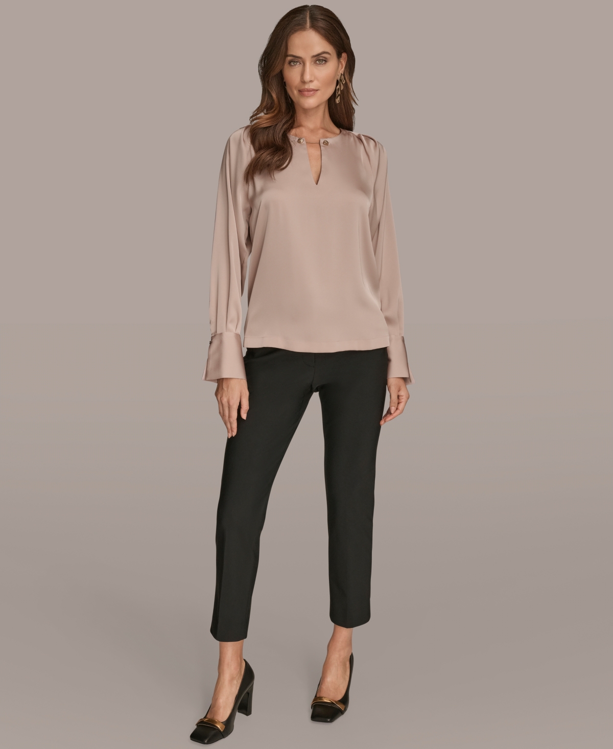 Donna Karan New York Chain Detail Long Sleeve Top In Neutral