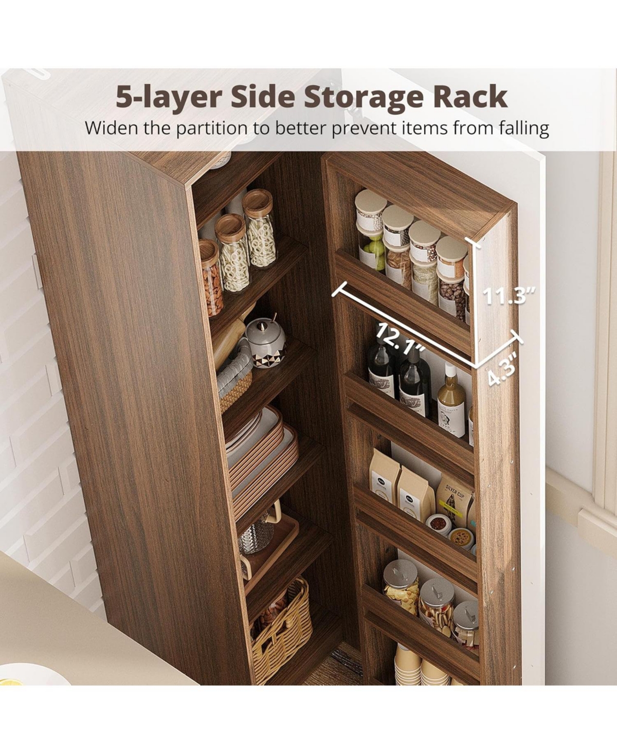 Ironck 70-in Pantry Cabinet with 11 Adjustable Shelves, Walnut and White