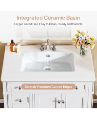 36" Rubberwood And MDF Solid Wood Frame 4 Drawers & 2 Doors Bathroom Vanity with Sink