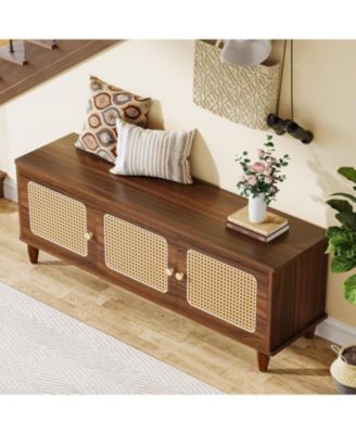 55&amp;quot; Shoe Bench with Lift Top Storage, 2-Tier Entryway Bench with 3 Rattan Doors