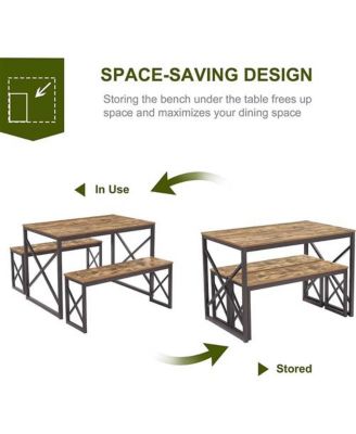 Wood-Top Kitchen Dining Table with 2 Backless Benches, Industrial Style