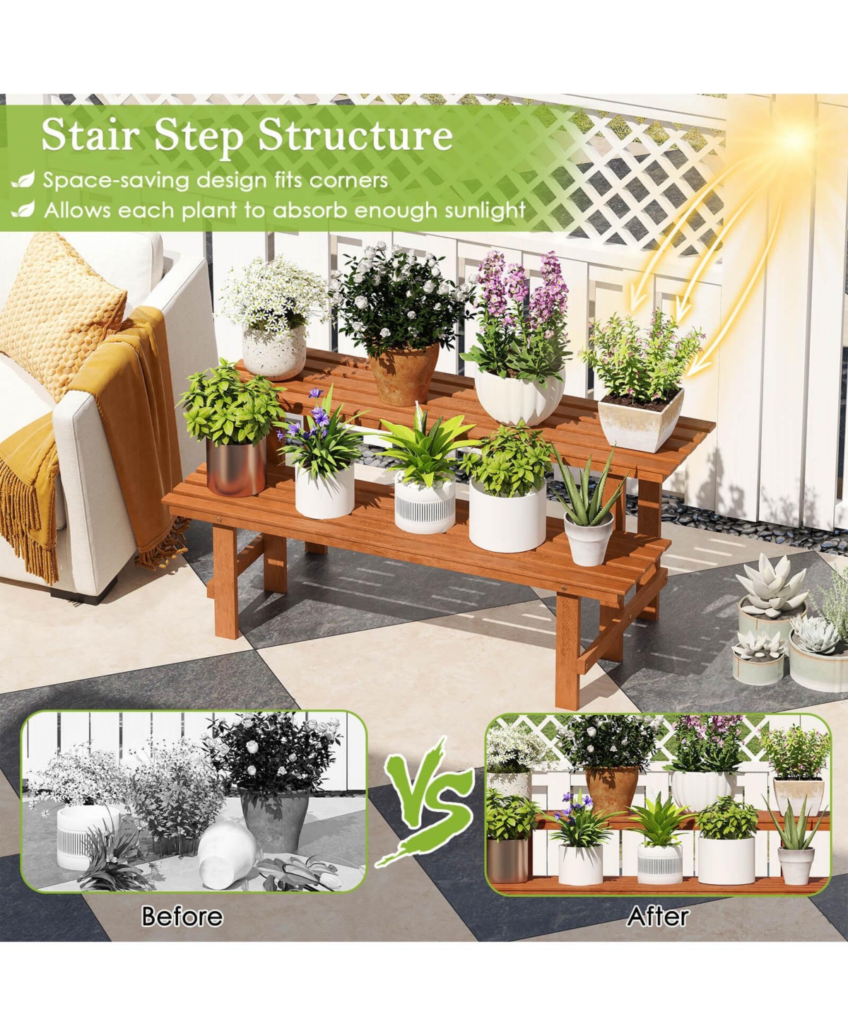 Costway 2 Tier Wood Plant Stand with Teak Oil Finish Indoor & Outdoor Flower Pot Holder