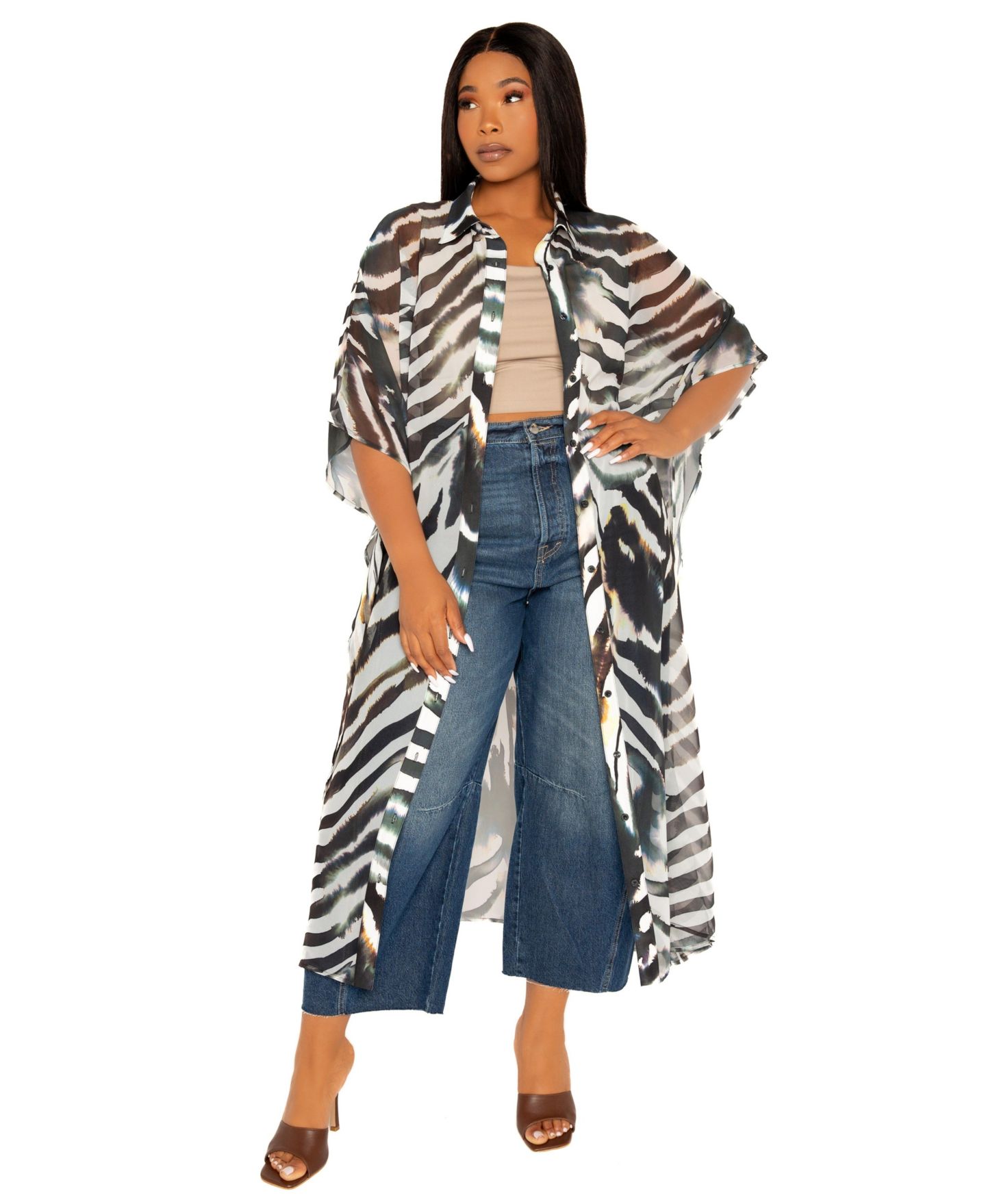 Женское платье Buxom Couture Plus Size Print Shirtdress Cover Up, цвет: Чёрный белый — фото 4