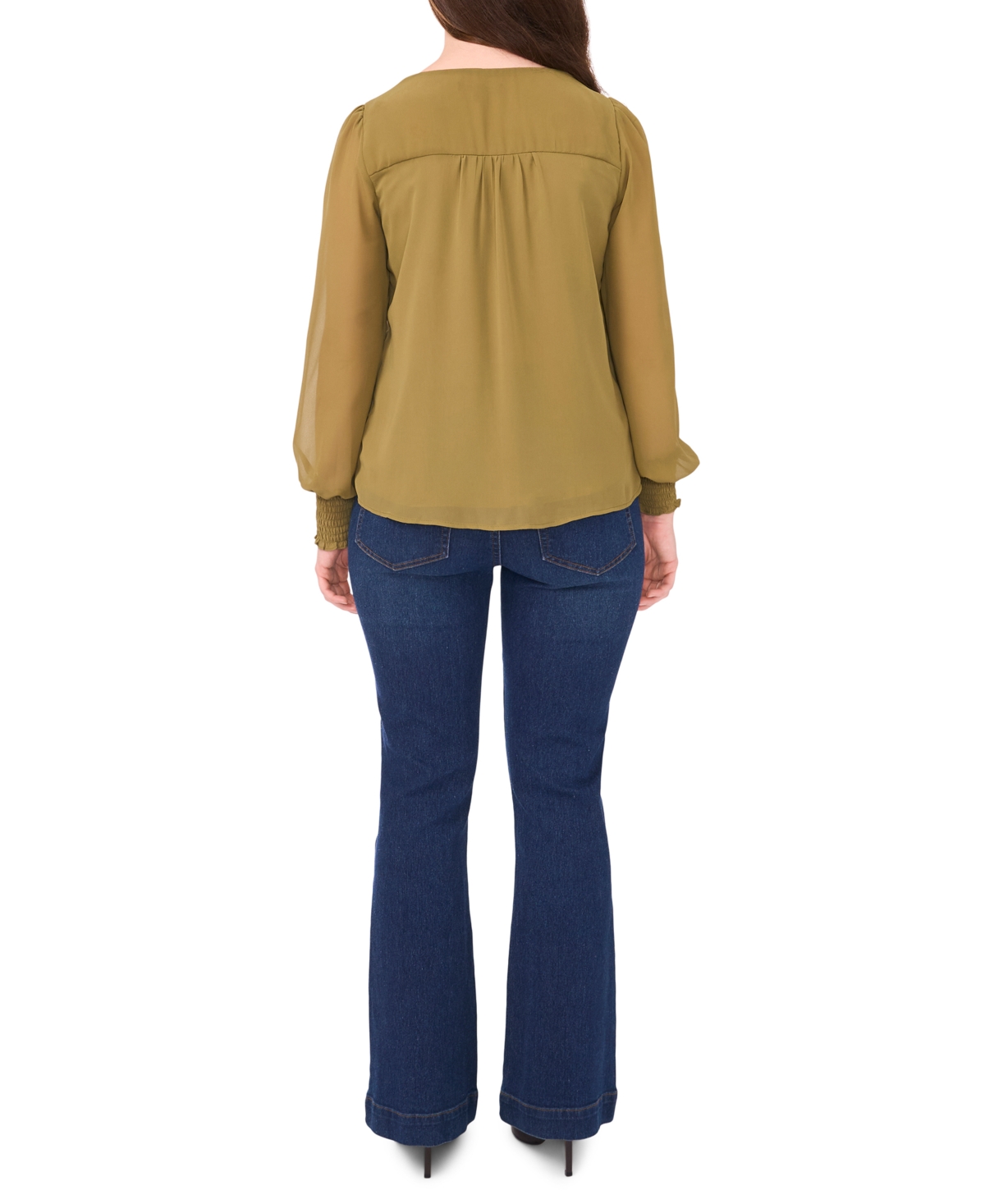 Sam & Jess Petite V-neck Smocked-shoulder Blouse In Brown