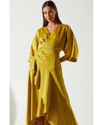 Women's Satin Crepe Ruffle Wrap Midi Dress