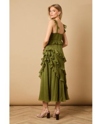 Women's Dobby Ruffle V-Neck Tiered Midi Dress