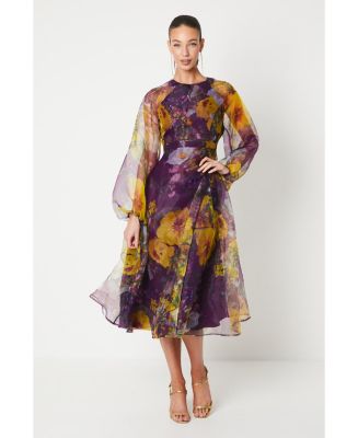 open lace back dress WDIRARA Women's Tie Dye Floral Print Square Neck Puff Sleeve High Rise  Flare Organza Dress at Amazon Women's Clothing store main image 1