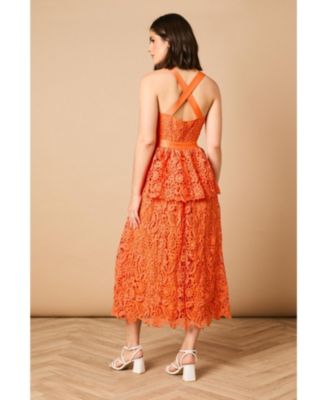 Women's Cross Strap Tiered Lace Midi Dress