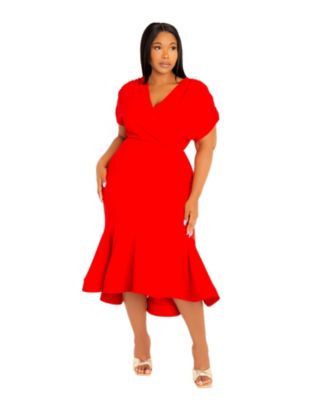 Plus Size V-Neck Flounce Midi Dress