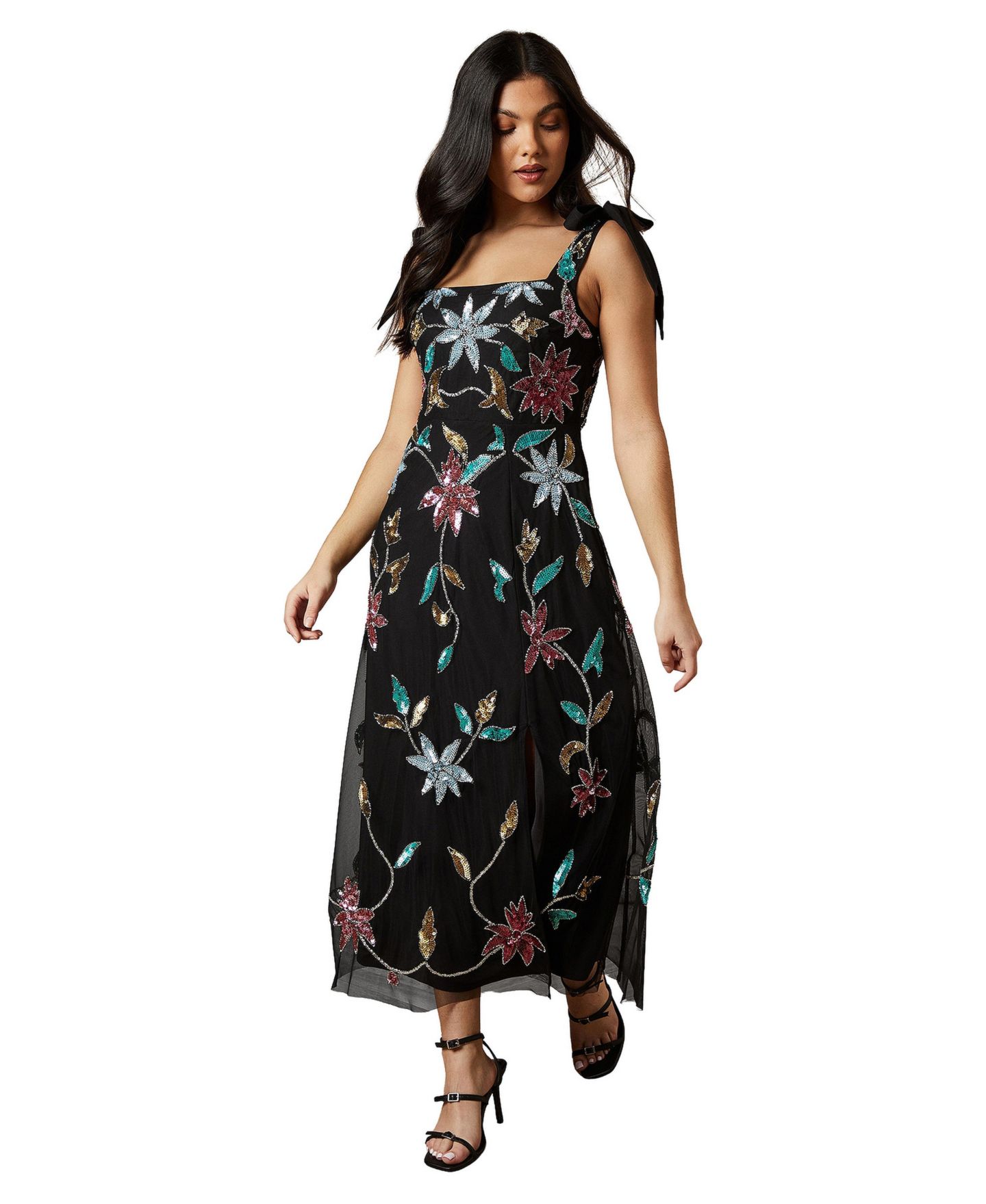Женское платье Oasis Floral Embellished Split Midi, цвет: Чёрный — фото 1