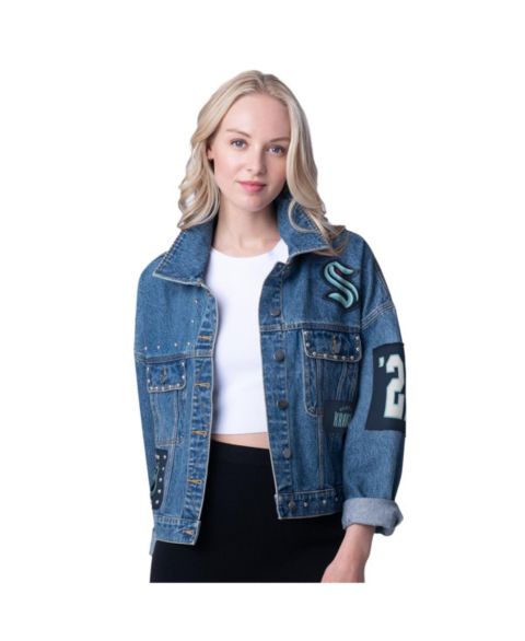 Женские куртки G-III 4Her by Carl Banks Women's Seattle Kraken Game Ball Cropped Button-Up Denim Jacket