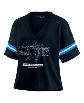 Women's Black Carolina Panthers Color Block Boxy Modest Crop V-Neck T-Shirt