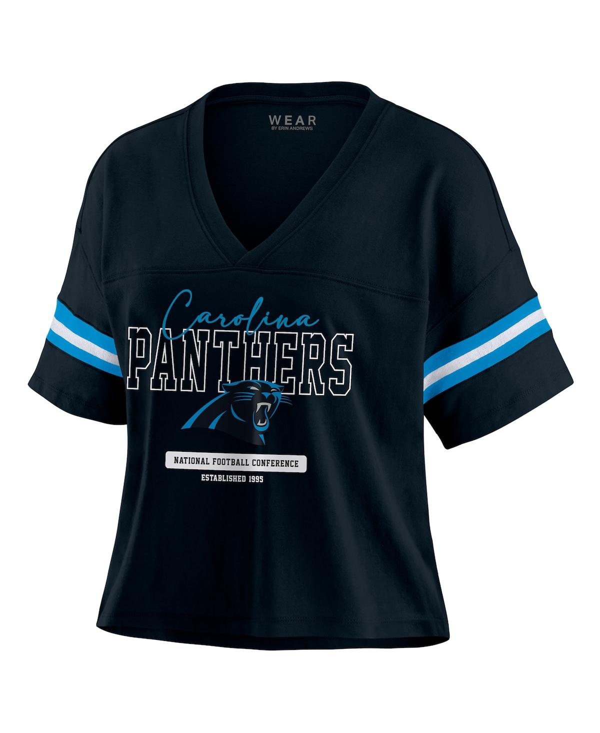 Wear By Erin Andrews Women's Black Carolina Panthers Color Block Boxy Modest Crop V-neck T-shirt In Black
