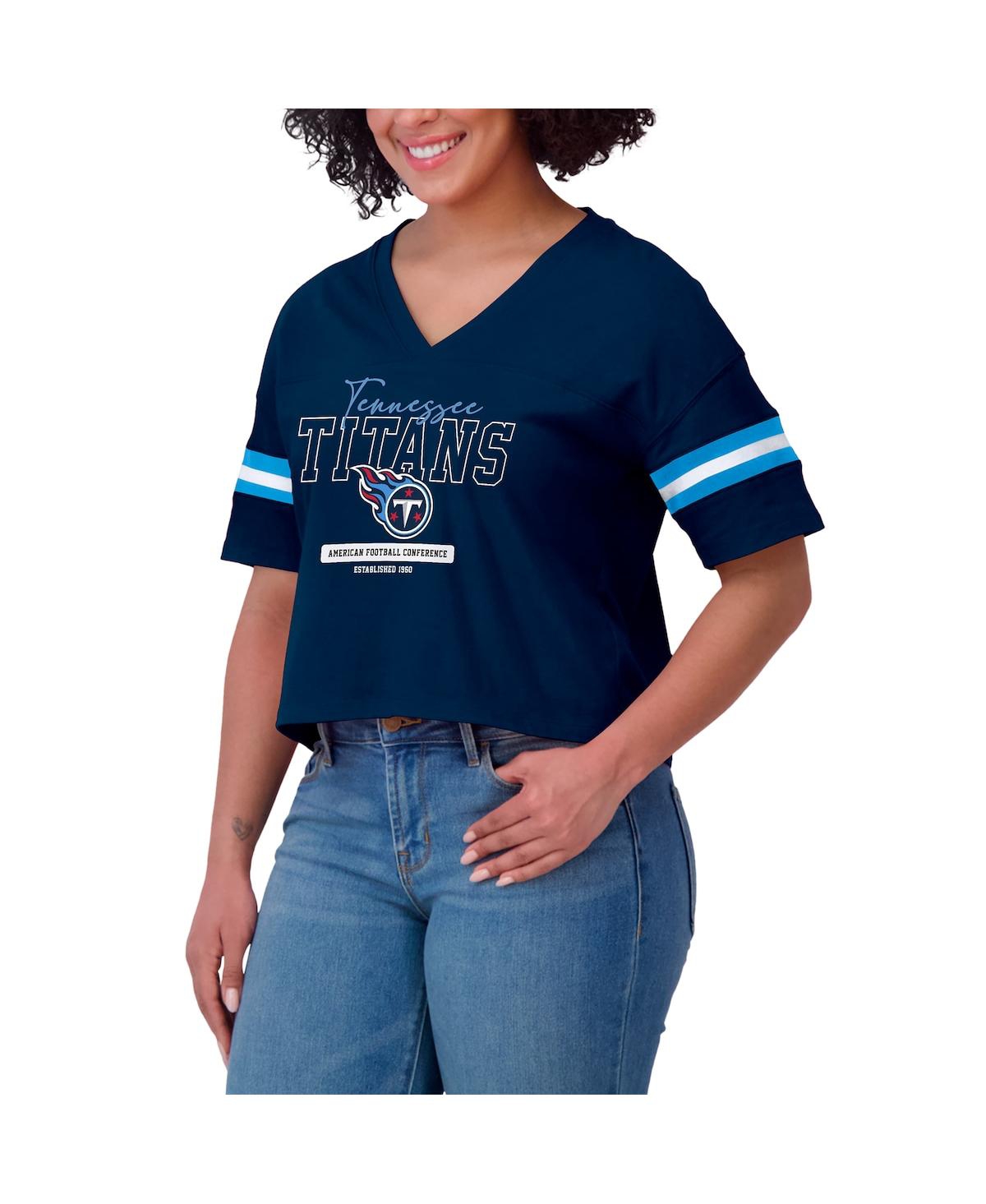 Wear By Erin Andrews Navy Tennessee Titans Color Block Boxy Modest Crop V-neck T-shirt In Blue