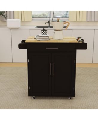 CASAINC Rubber Wood Top Rolling Cart with Drawer, Cabinet & Rack Kitchen Island