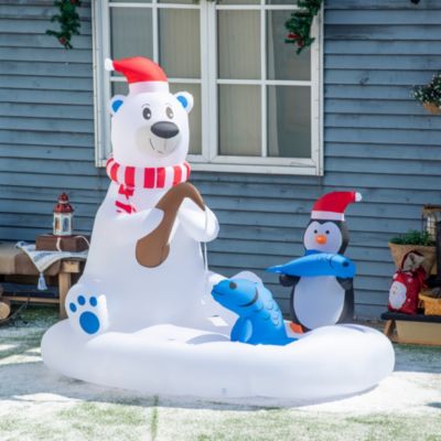 6' Inflatable Christmas Polar Bear and Penguin Fishing on Board LED