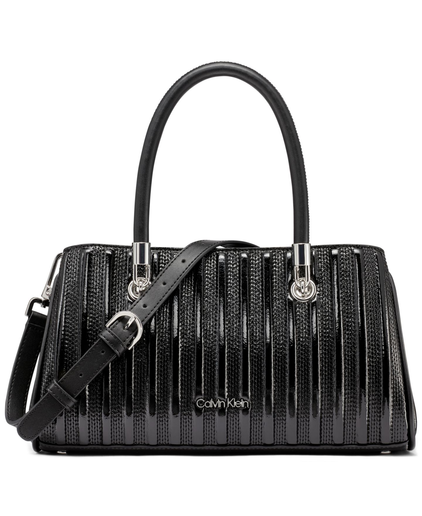 Женская сумка Calvin Klein Brigette Patent Piping East West Convertible Satchel, цвет: Чёрный / Серебряный — фото 1