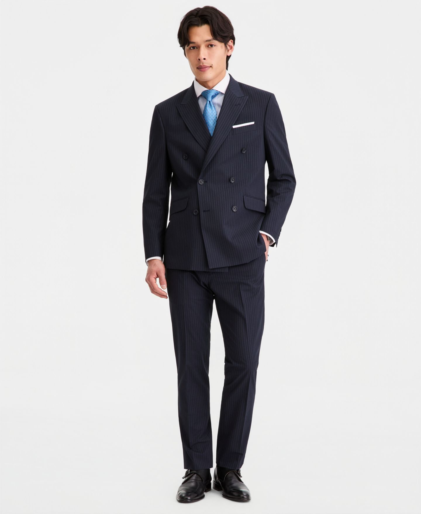 Мужские комплекты Kenneth Cole Reaction Slim-Fit Double-Breasted Pinstripe Suit Separates, цвет: Тёмно-синий — фото 1