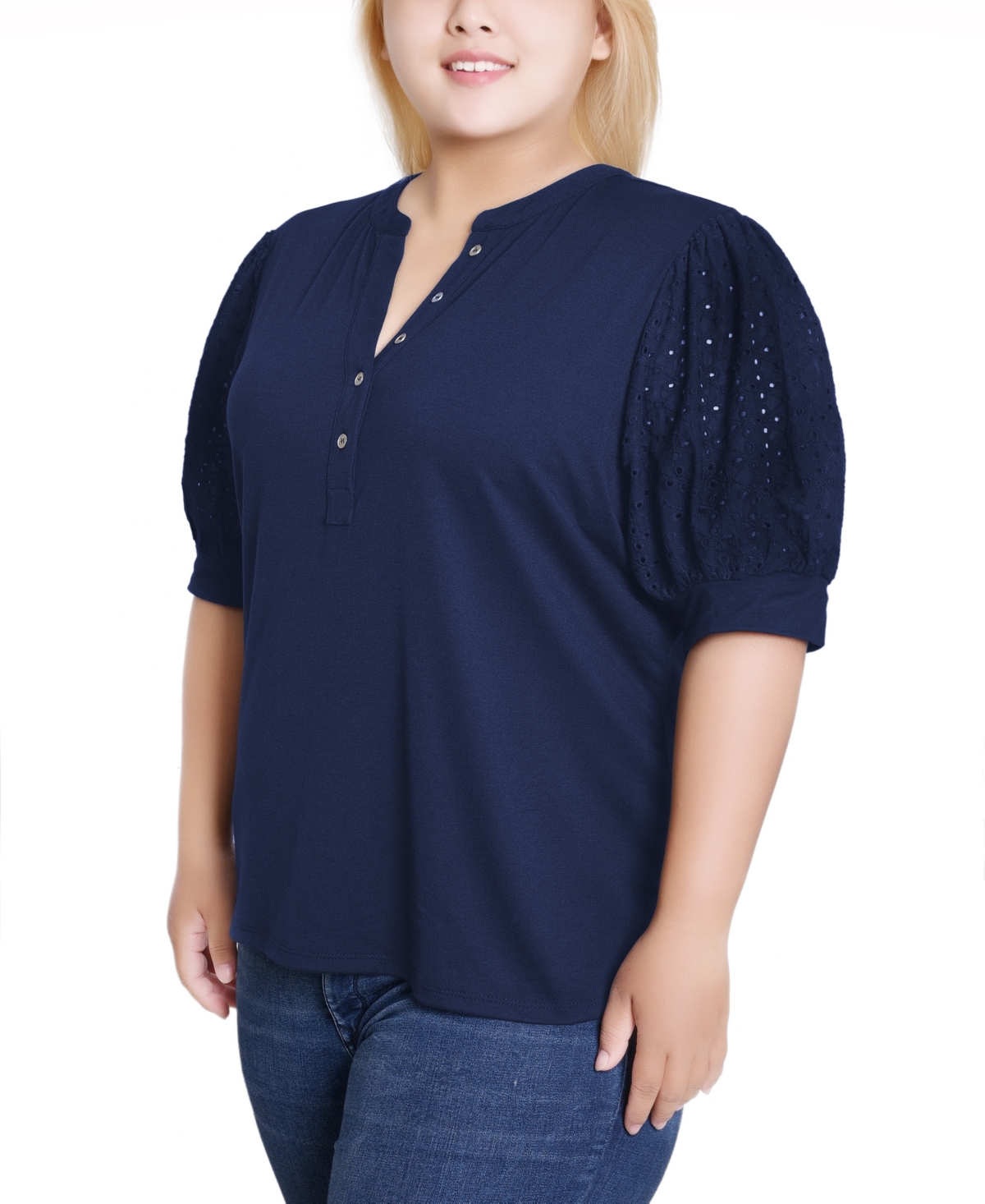 Ny Collection Plus Size Puff Elbow Sleeve Top In Blue
