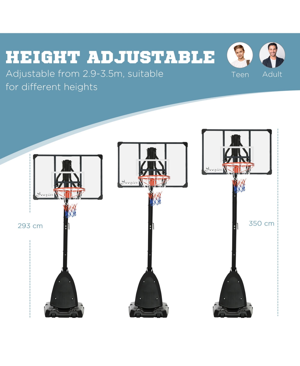 Soozier Portable Basketball Hoop with Wheels, 9.6-11.5FT Height-Adjustable