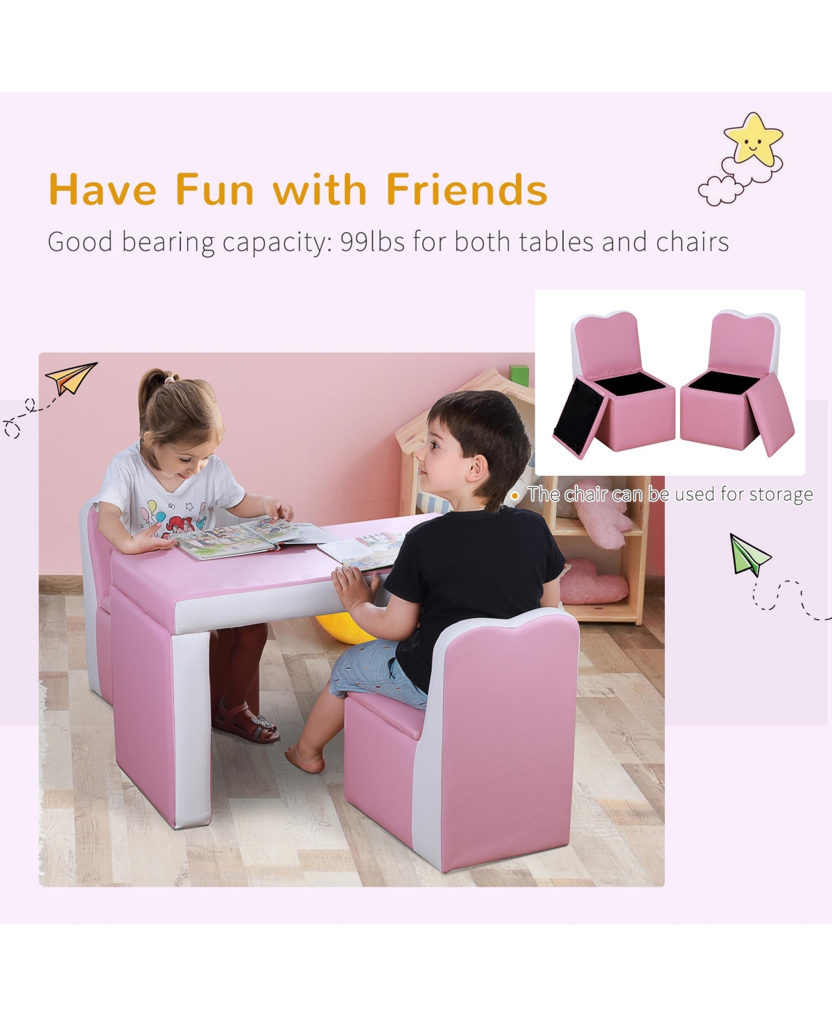 Qaba Kids Leather Sofa Multi-functional Table Chair Set Storage Blue